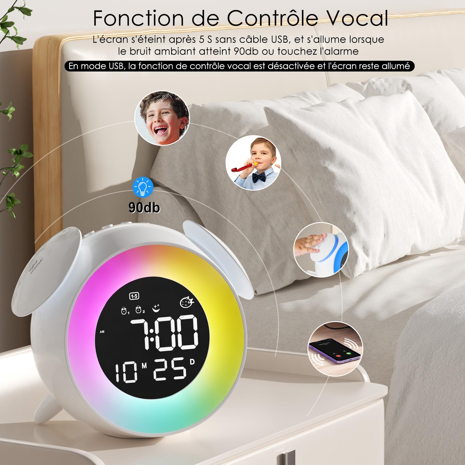 Reveil Enfant Numérique, Réveil Enfant Educatif Jour/Nuit, LED Horloge Digitale avec Snooze, 2 Alarmes, 10 Couleur lumières, 7 Sonneries, 12/24H, Lumière d'Éveil/Coucher Soleil