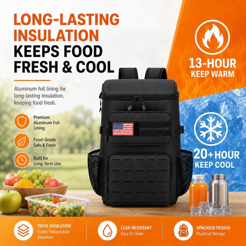 25L Extra Large Tactical Cooler Backpack, Soft Lightweight Insulated Lunch Box for Men, 38 Can Leakproof Cooler Bag Keeps Hot Cold up to 20H for Camping, Hiking, Beach, Work, Black image 2