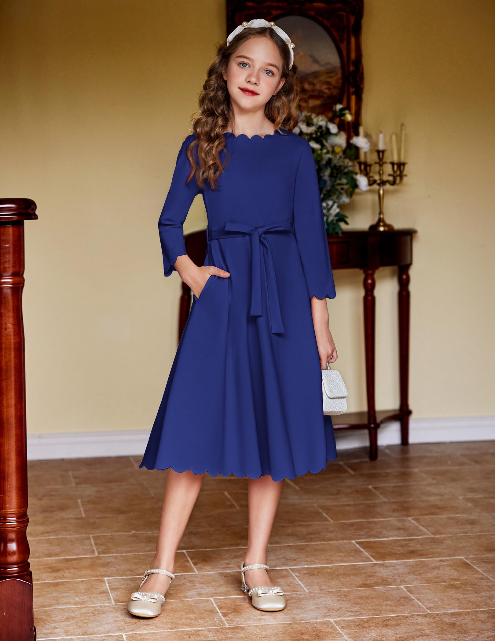 Arshiner Dziewczęca sukienka na imprezę, sukienka jesienna, scallop trim belted A-line formalna sukienka z długim rękawem, odświętna sukienka midi z kieszeniami, dla dzieci w wieku 6-15 lat