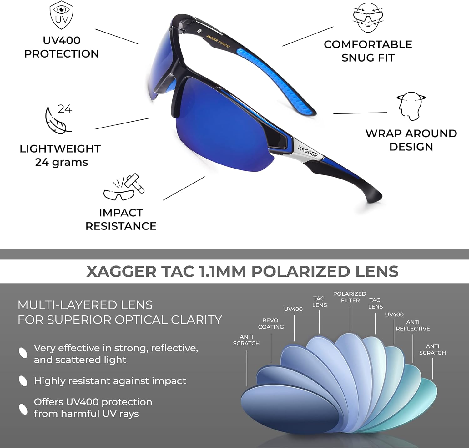 Xagger Occhiali Da Sole Sportivi Polarizzati UV400 - Modello Wrap Around Per Baseball, Corsa E Ciclismo, Montatura TR90 - 2