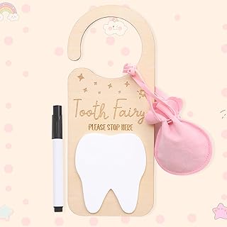 Tooth Fairy Door Hanger - Door Wooden Hanger Decoration , Tooth Fairy Money Holder , Personalized Tooth Holder Bag , With Money Holder Tooth Fairy Pick up Box (Door Hanger Pink)