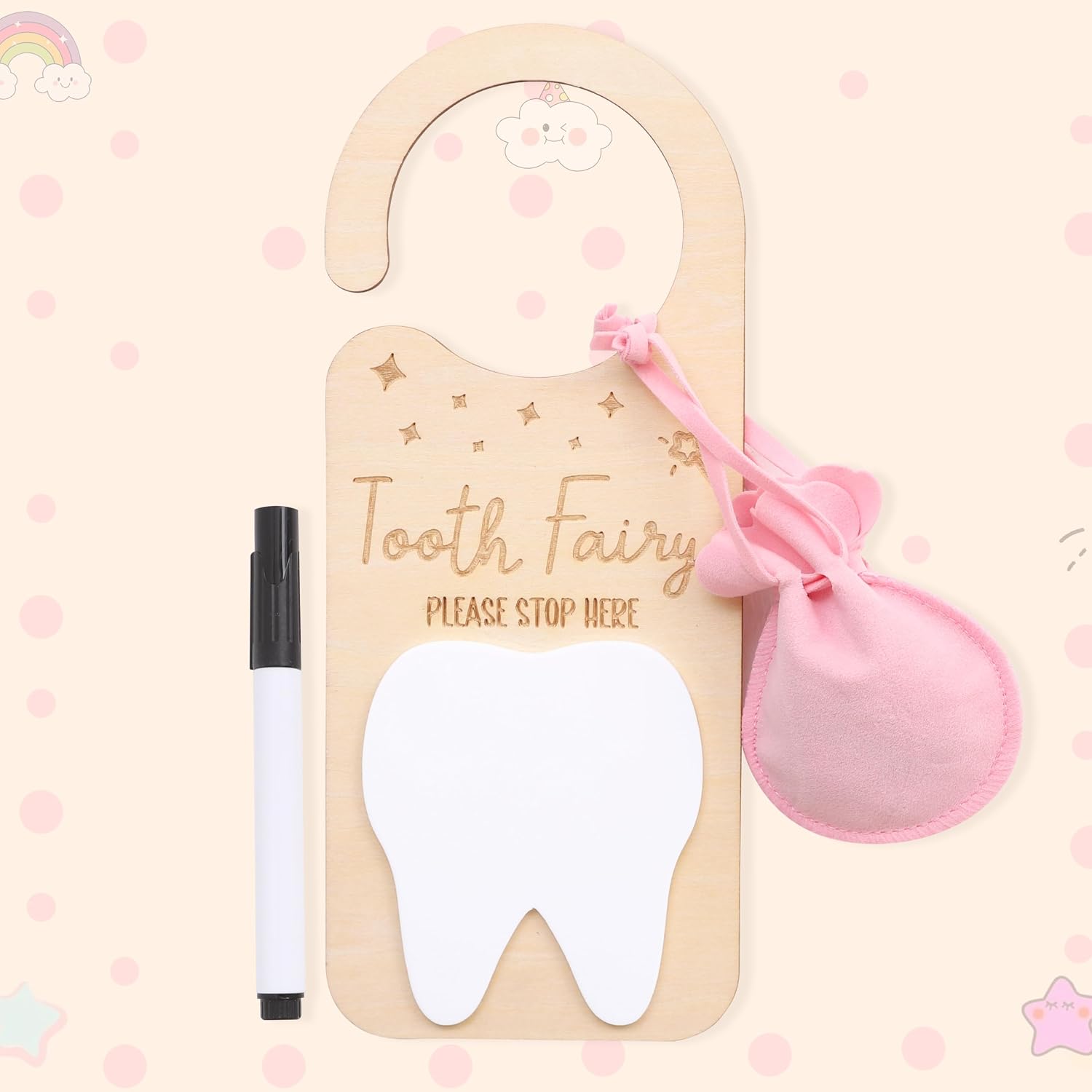 Tooth Fairy Door Hanger - Door Wooden Hanger Decoration , Tooth Fairy Money Holder , Personalized Tooth Holder Bag , With Money Holder Tooth Fairy Pick up Box (Door Hanger Pink)