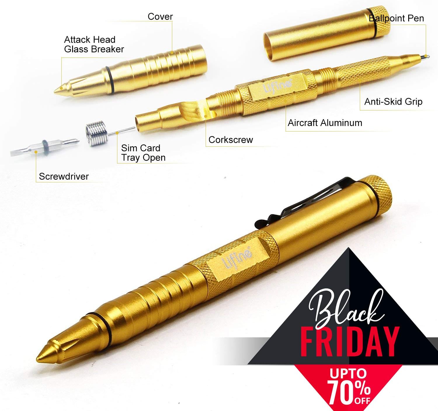 Tactical Pen 5-in-1 Self Defense Multitool Pen for Personal Protection with Ballpoint Pen, Both End Screwdrivers, Glass Breaker, Bottle Opener, SIM Card Needle (Gold) …