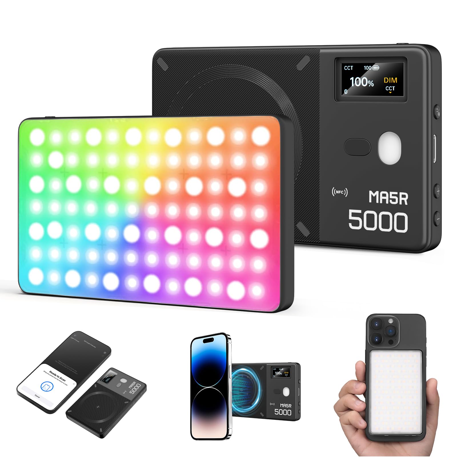 GODOX MA5R Magnetic Full Colour RGB Video Light Light 1800K-10000K 14 Pre-Programmed Effects LED Light Photo for Selfie DSLR Camera (nero)