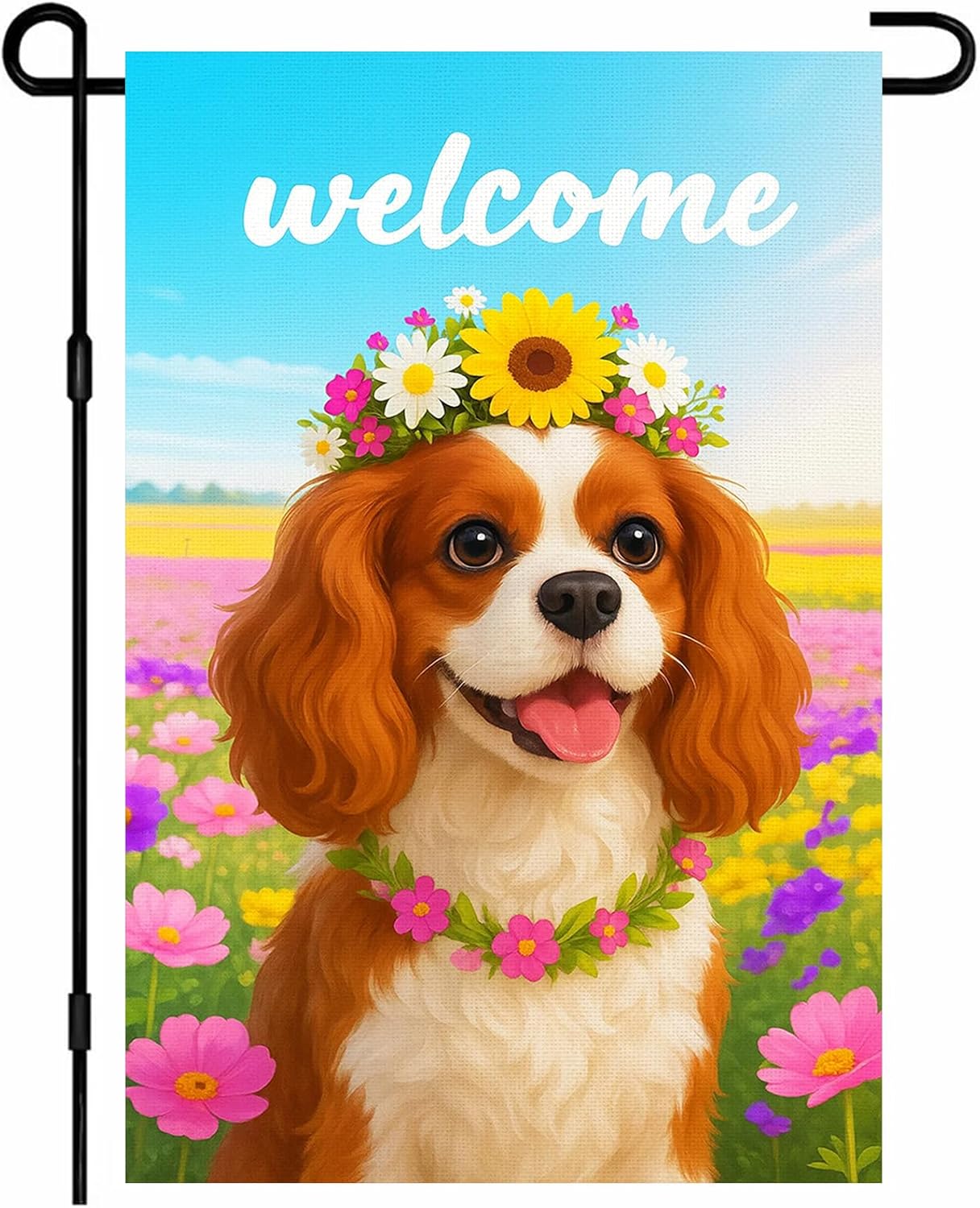 IVN Cavalier King Charles Spaniel Dog Spring Garden Flag 12x18 Inch Cavalier Cav Puppy Flower Crown Sunflower Daisy Pink Wildflowers Floral Double Sided Vertical Small Yard Flag Seasonal Outdoor Decoration for Outside Home Front Door Lawn Porch Patio Welcome Spring Summer Decor