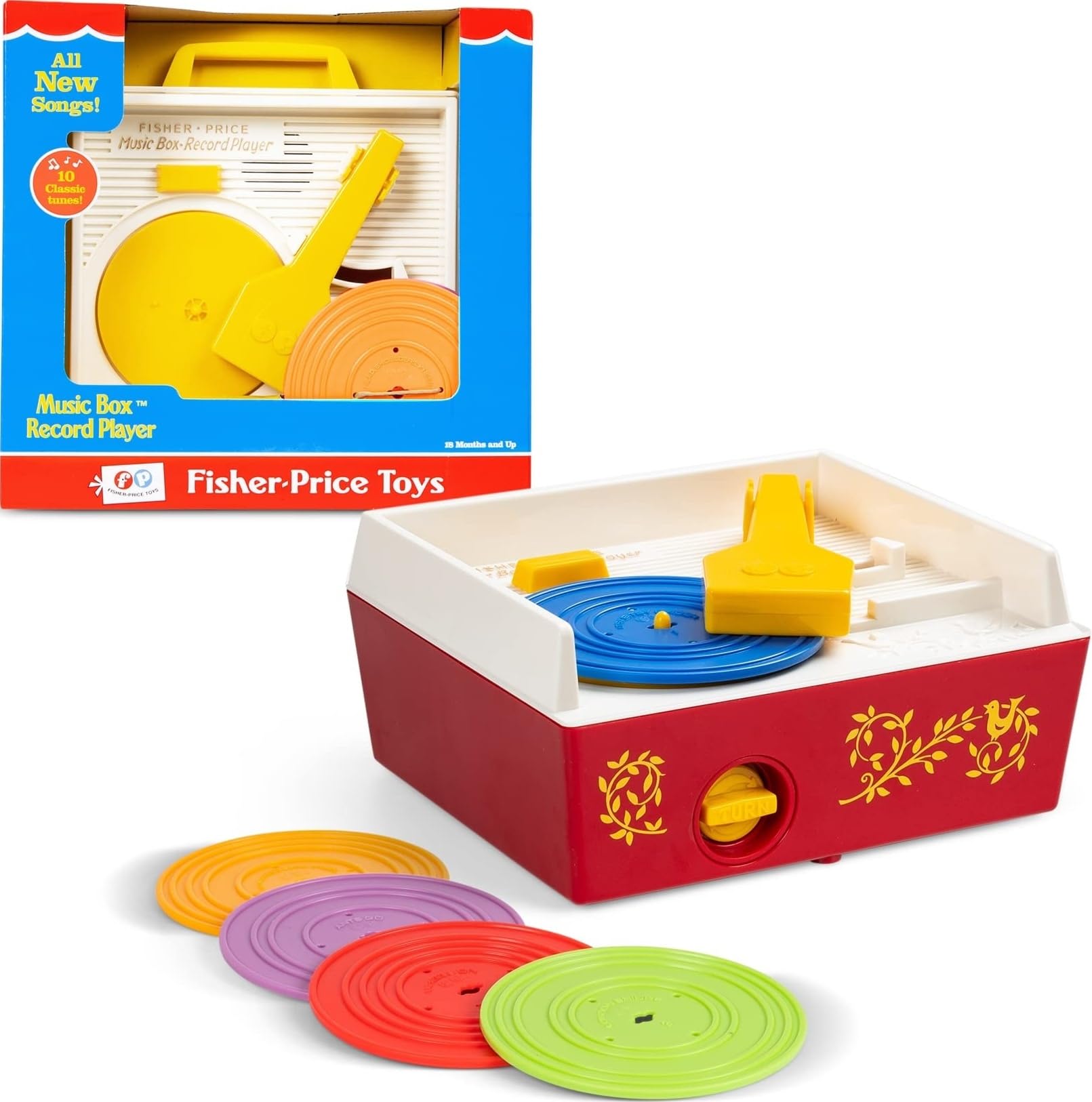 Fisher Price Classics 1697 Musicbox-Plattenspieler, Baby-Musikspielzeug, Interaktives Lernspielzeug mit 10 Liedern, Lernspielzeug, Retro-Spielzeug Geschenk ab 18 Monaten