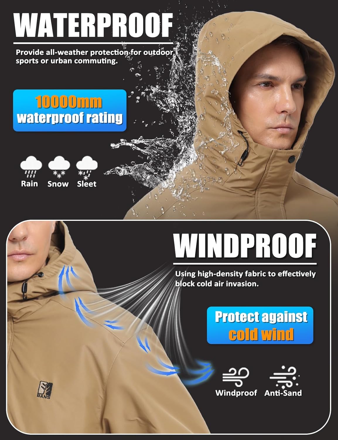 Men's Winter Ski Jacket Water Resistant Warm Snow Coat Windproof Insulated Snowboard Rain Jackets with Hood