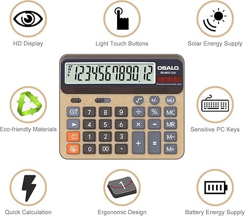 Vista 6 de Calculadora de escritorio y paquete de 5 bolsas de malla con cremallera, batería de 12 dígitos, pantalla LCD con energía solar, calculadora de botón