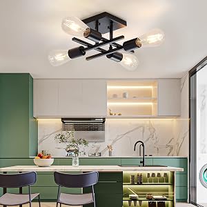 Industrial 4-Light Semi Flush Mount Ceiling Light Fixture Farmhouse Black Chandelier Lighting Modern E26 Base Sputnik Ceiling Lamp