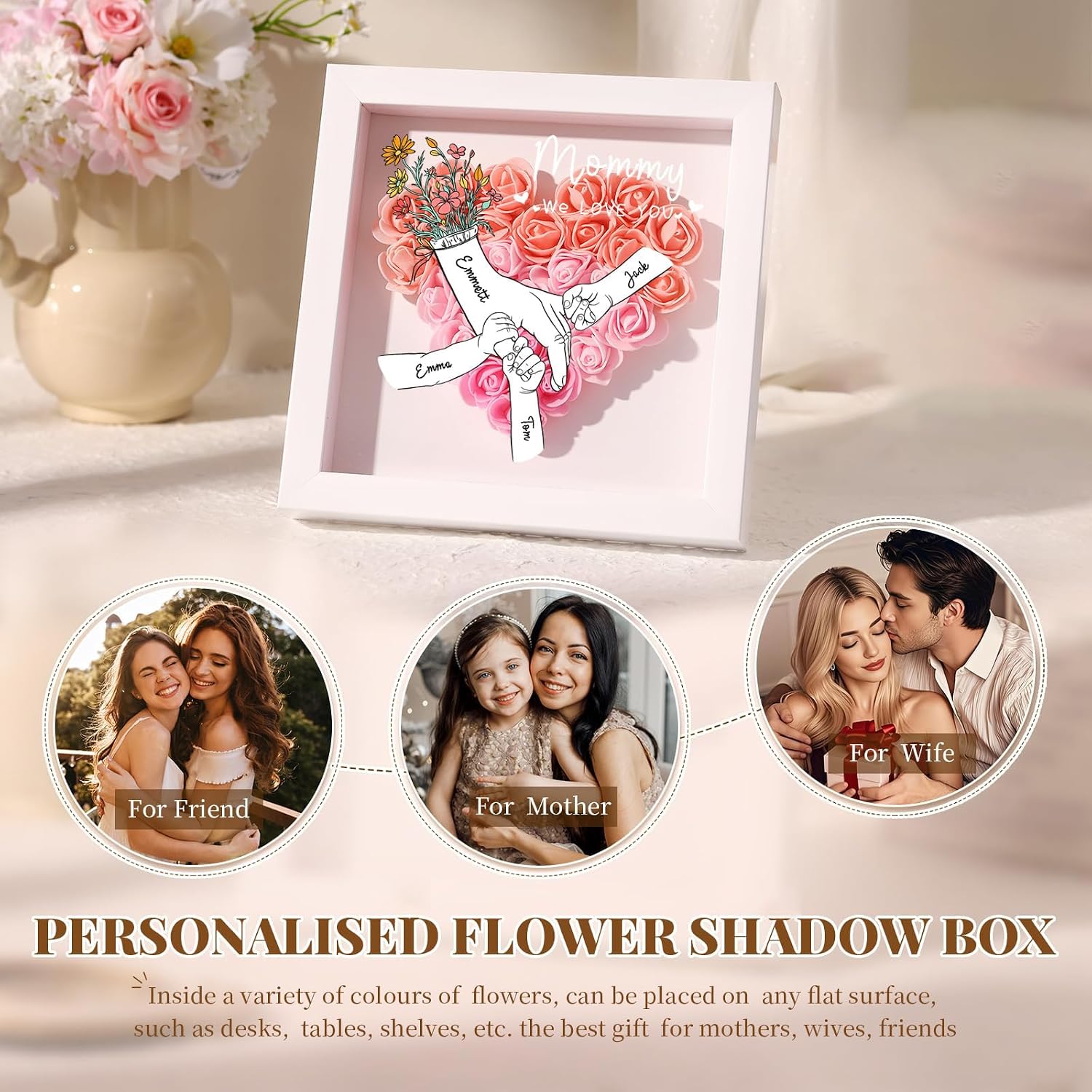 Personalized Rose Flower Shadow Box，with Name，Customized gift box Suitable mothers Day, Valentines Gifts for Mother Women Wife, birthday-Purple roses