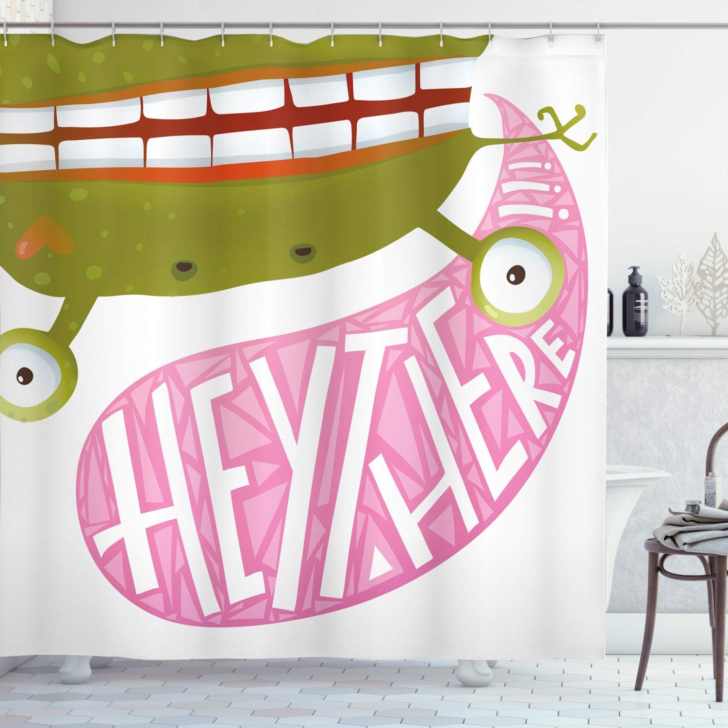 Ambesonne Quirky Shower Curtain, Upside Down Funny Green Frog Monster Saying Hey There Cartoon Illustration Style, Cloth Fabric Bathroom Decor Set with Hooks, 69" W x 75" L, Multicolor
