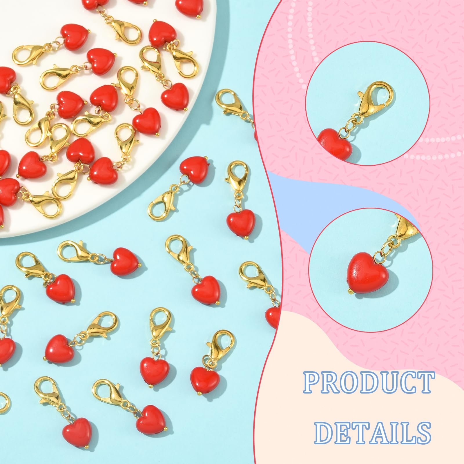 100 ciondoli a clip per borse a forma di cuore rosso, per la creazione di gioielli, per San Valentino, amore, in acrilico, con chiusura a moschettone, ciondoli per borse, portachiavi