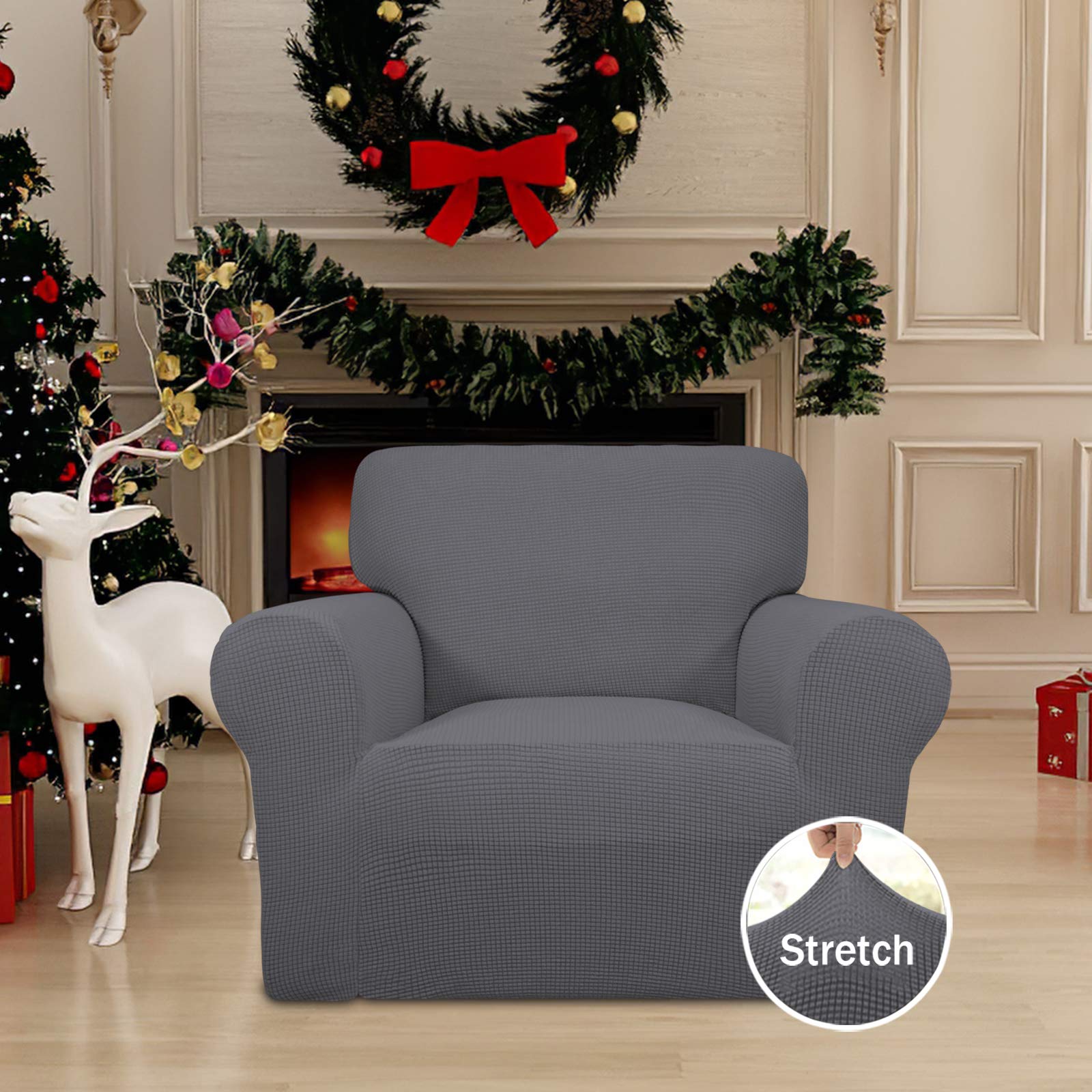 Easy-Going Stretch Chair Sofa Slipcover 1-Piece Couch Sofa Cover Furniture Protector Soft with Elastic Bottom for Kids Spandex Jacquard Fabric Small Checks(Chair,Gray) - Image 2