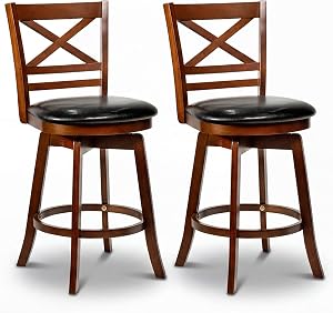 COSTWAY 25'' Barstools Set of 2, 360° Rotating Counter Height Chairs with Backrest & Faux Leather Upholstered Seat, Rubber Wood High Top Seats with Footrest for Dining Room, Kitchen Island (2,25'')