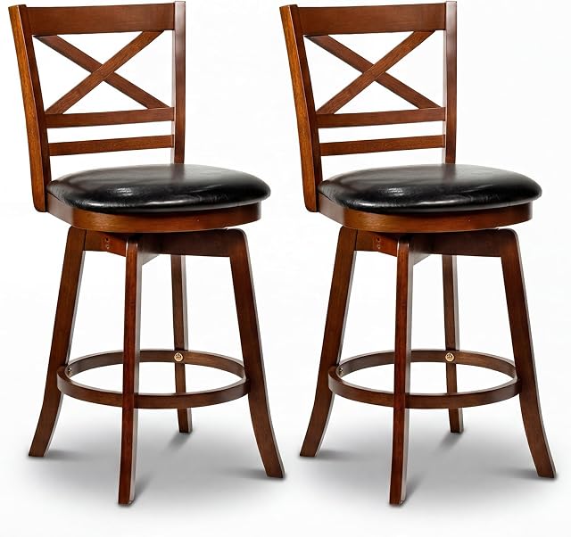 COSTWAY 25'' Barstools Set of 2, 360° Rotating Counter Height Chairs with Backrest & Faux Leather Upholstered Seat, Rubber Wood High Top Seats with Footrest for Dining Room, Kitchen Island (2,25'')