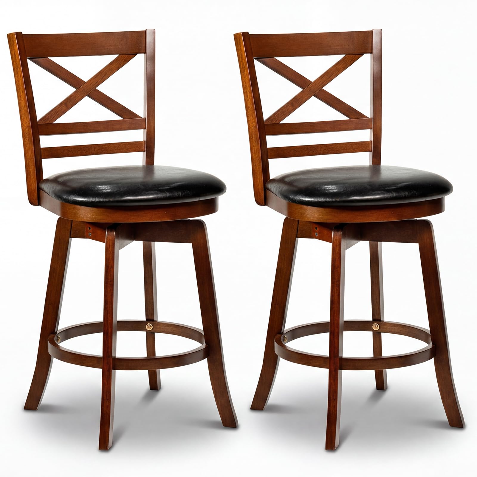 COSTWAY 25'' Barstools Set of 2, 360° Rotating Counter Height Chairs with Backrest & Faux Leather Upholstered Seat, Rubber Wood High Top Seats with Footrest for Dining Room, Kitchen Island (2,25'')