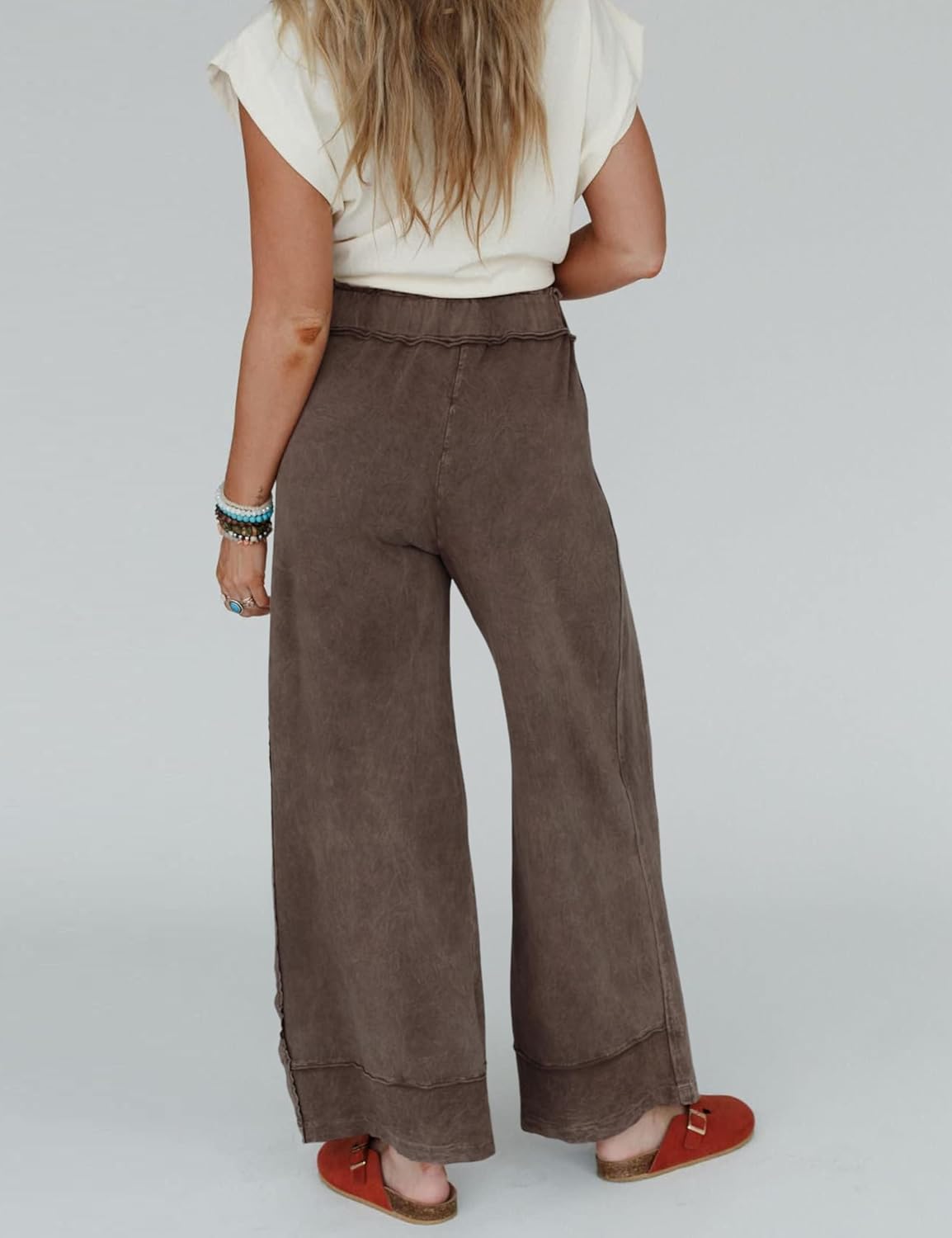 Athlisan Womens Casual Wide Leg Sweatpants Acid Wash Elastic Waisted Palazzo Pants Trousers with Pockets - Image 4