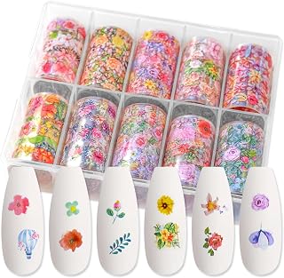 10 Rolls Flower Nail Foil Holographic Nail Art Foil Nail Transfer Foil Flower Nail Stickers Decals Fingernail Wraps Nail Decoration for Acrylic Nails