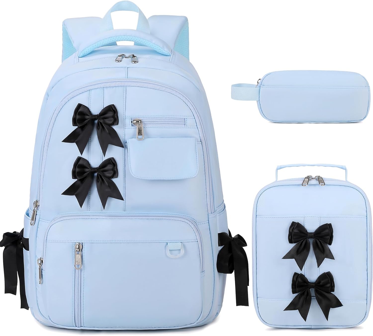 Bevalsa Backpack for Gilrs, Cute School Bags for Kids with Lunch Bag & Pen Case, Bow Bookbag for Girls Children Teens for Elementary Middle High Student, Back To School Gift (Blue)