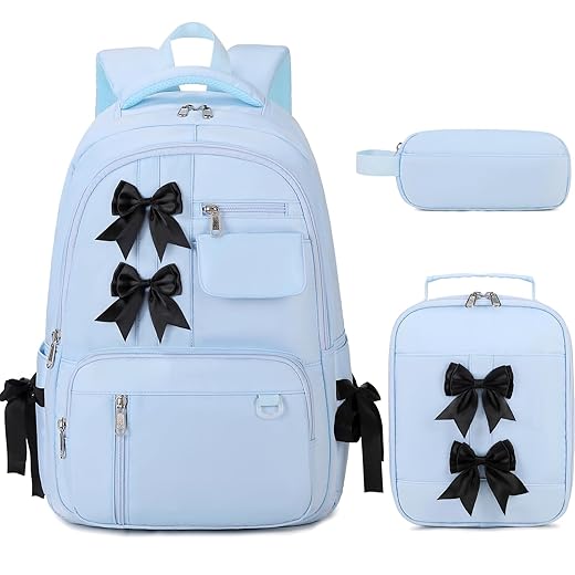 Bevalsa Backpack for Gilrs, Cute School Bags for Kids with Lunch Bag & Pen Case, Bow Bookbag for Girls Children Teens for Elementary Middle High School Student, Back To School Gift (Blue)