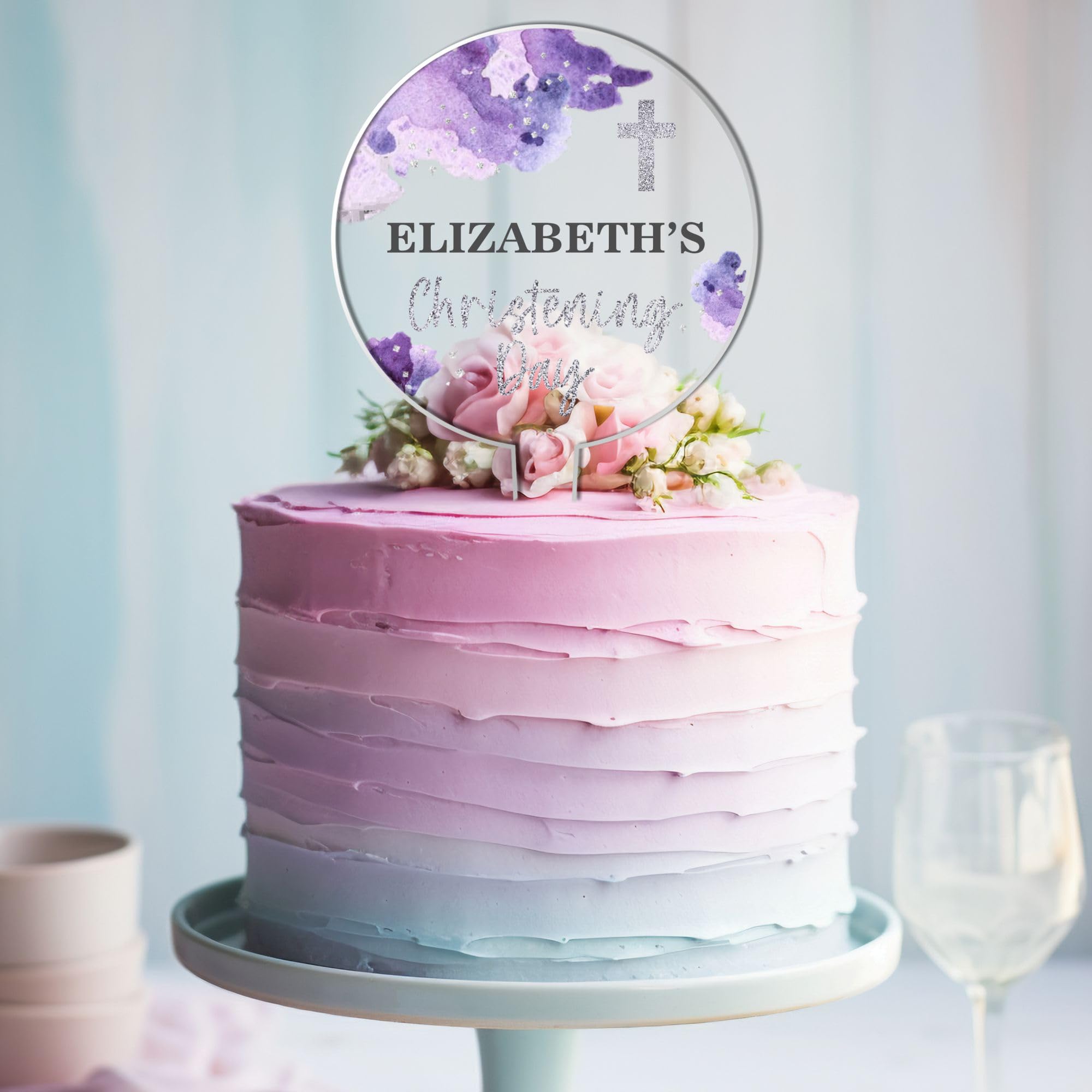 Personalised Religious Cake Topper – Custom Name & Occasion – Christening, Communion or Confirmation – Acrylic Watercolour Design with Cross Cake Decoration (Christening, Purple)