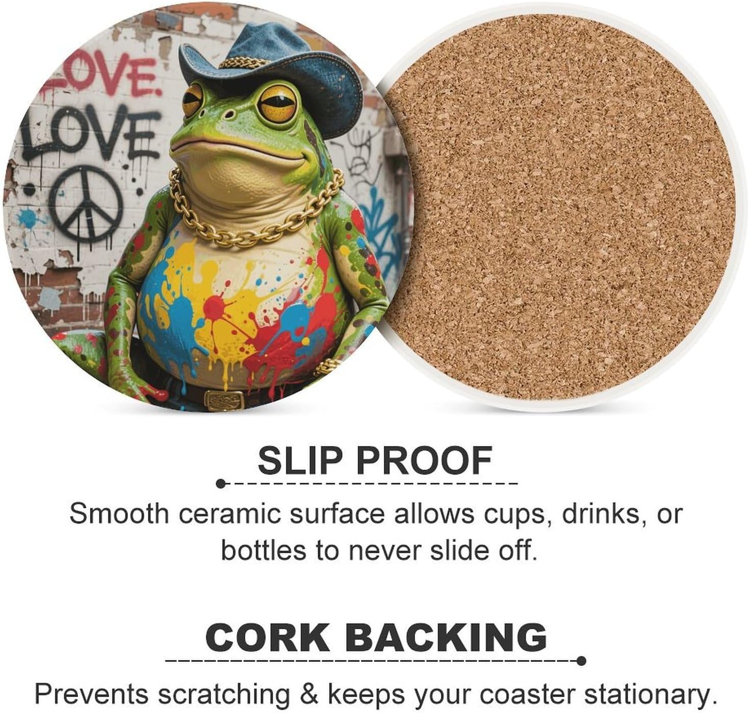 6PCS Western Cowboy Frog Coasters Non-Slip Round Drink Coasters with Ceramic Stone and Cork Base, Heat Resistant Absorbent 33.00Stone Coaster Set for Kinds of Mugs and Cups, 4 Inch