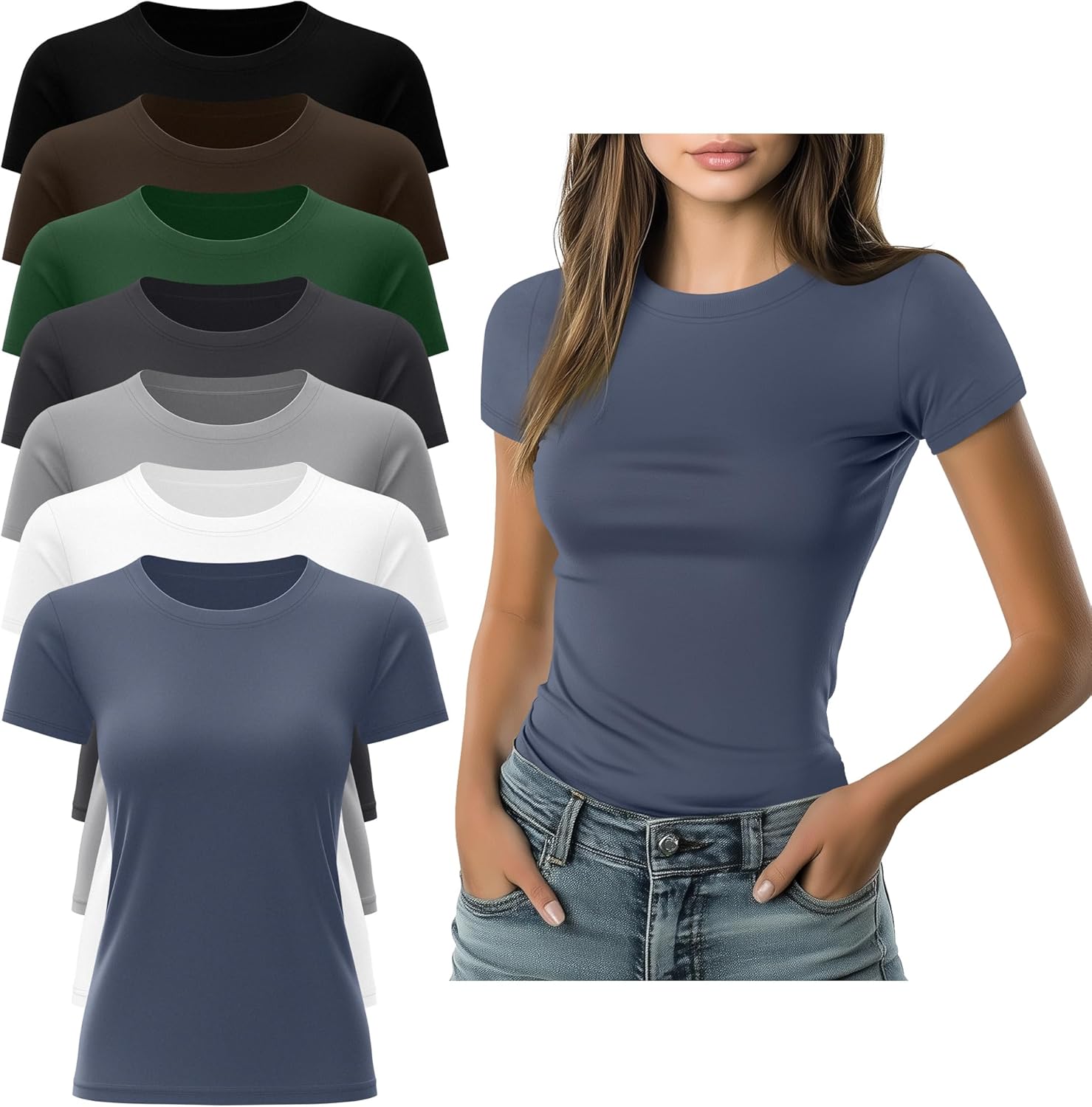 7 Pack Women's Fitted Basic T-Shirts Bulk Crewneck Tight Short Sleeve Tee Multipack Slim Summer Casual Tops