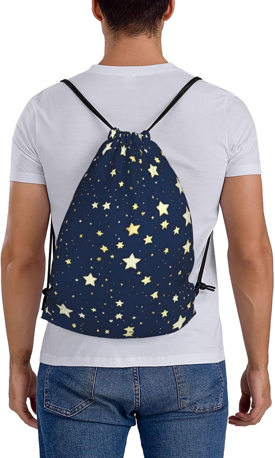Navy Blue Sky And Star Print Sports Drawstring Backpack For Women Men, Lightweight Gym Bag For Gym Travel Swimming, White