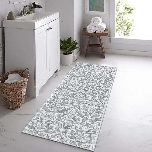 Miniatura 5 de Morebes Alfombra lavable de 2 x 5 pies, alfombra vintage floral gris para puerta de entrada, antideslizante, suave que no desprende pelusa