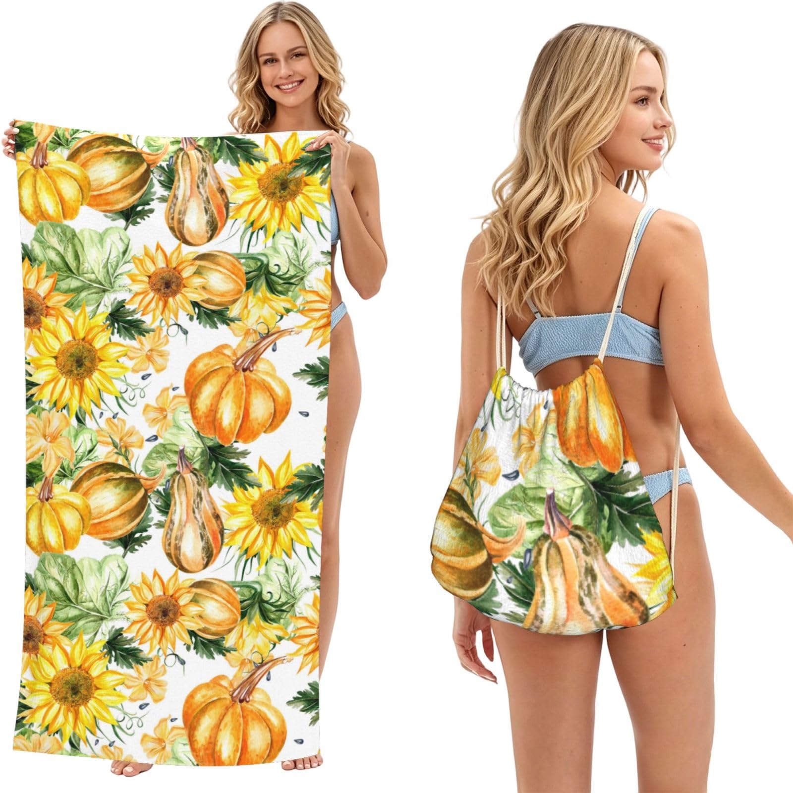 Poadnly As Picture Autumn Sunflower Pumpkin Thanksgiving, 2 In 1 Packable Towel Bag, Beach Towels With Drawstring Backpack For Travel Holiday Camping