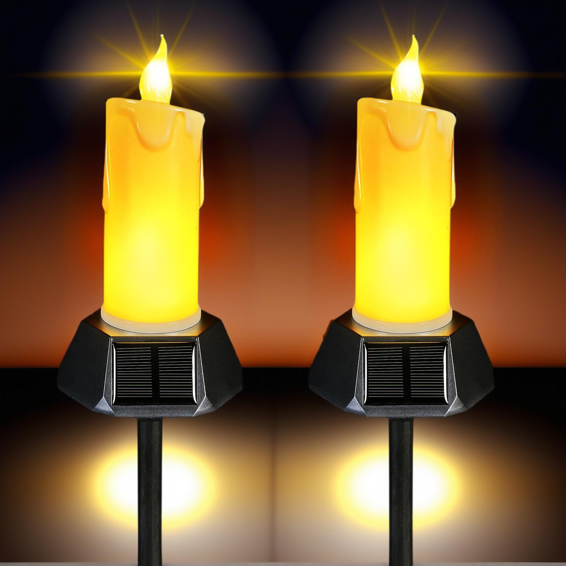 Mengshen 2 Pack Solar LED Candles Realistic Flame Effect Auto On at Night Waterproof Outdoor Lights with Stakes for Patio Landscape