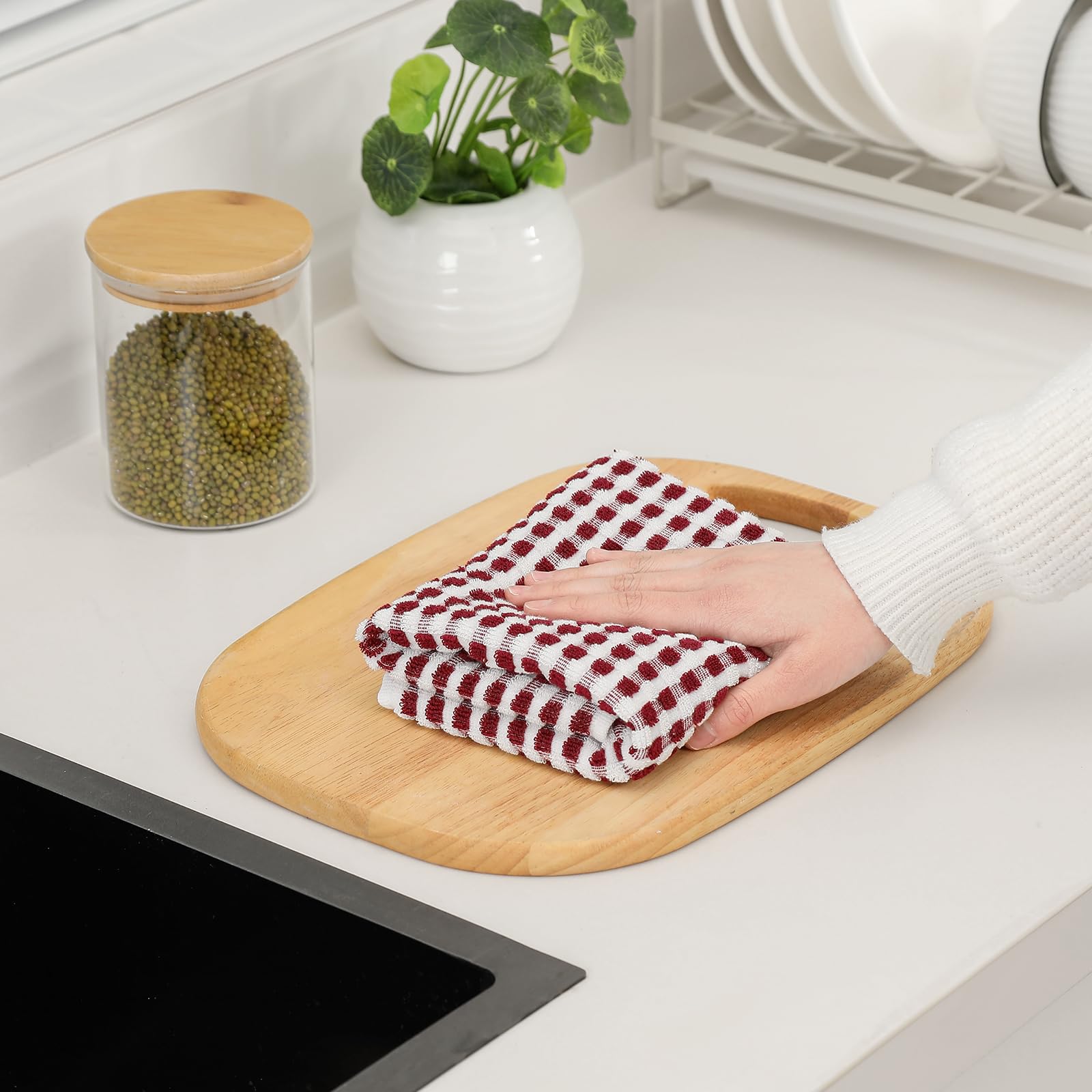 SALAS Paños de cocina de algodón para secar platos de cocina, paños de cocina de rizo de celosía, paños de cocina altamente absorbentes con lazo para colgar, 16 x 26 pulgadas, 6 paquetes, color rojo