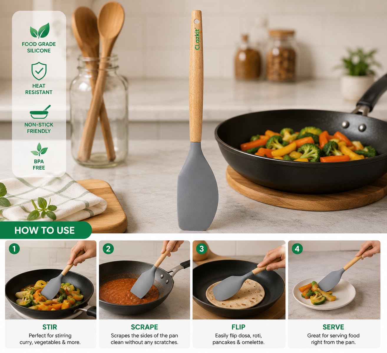 Clazkit Silicone Spatula - Heat Resistant Handle -3 Clazkit Silicone Spatula - Heat Resistant Handle -3