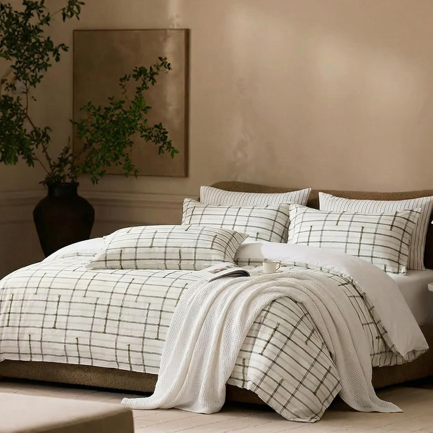 100% Cotton Duvet Cover Set King Size, Neutral Grid Striped Tufted Duvet Cover, Soft Breathable Comforter Cover with Zipper Closure, Modern Minimalist Bedding Set