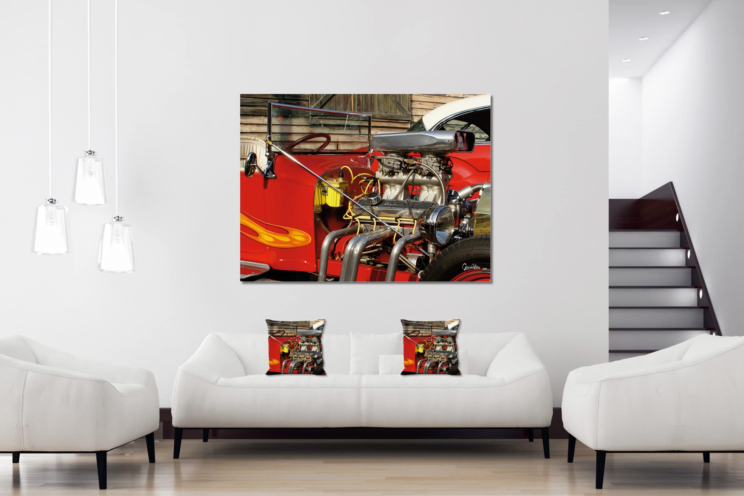 Red Hot Rod - Foto-Kissen-Hülle Set (2 STK.) 40 x 40 cm | Kissen-Bezüge - passend zu Wandbild - Deko-Kissen - Auto Fahrzeug Oldtimer Technik USA