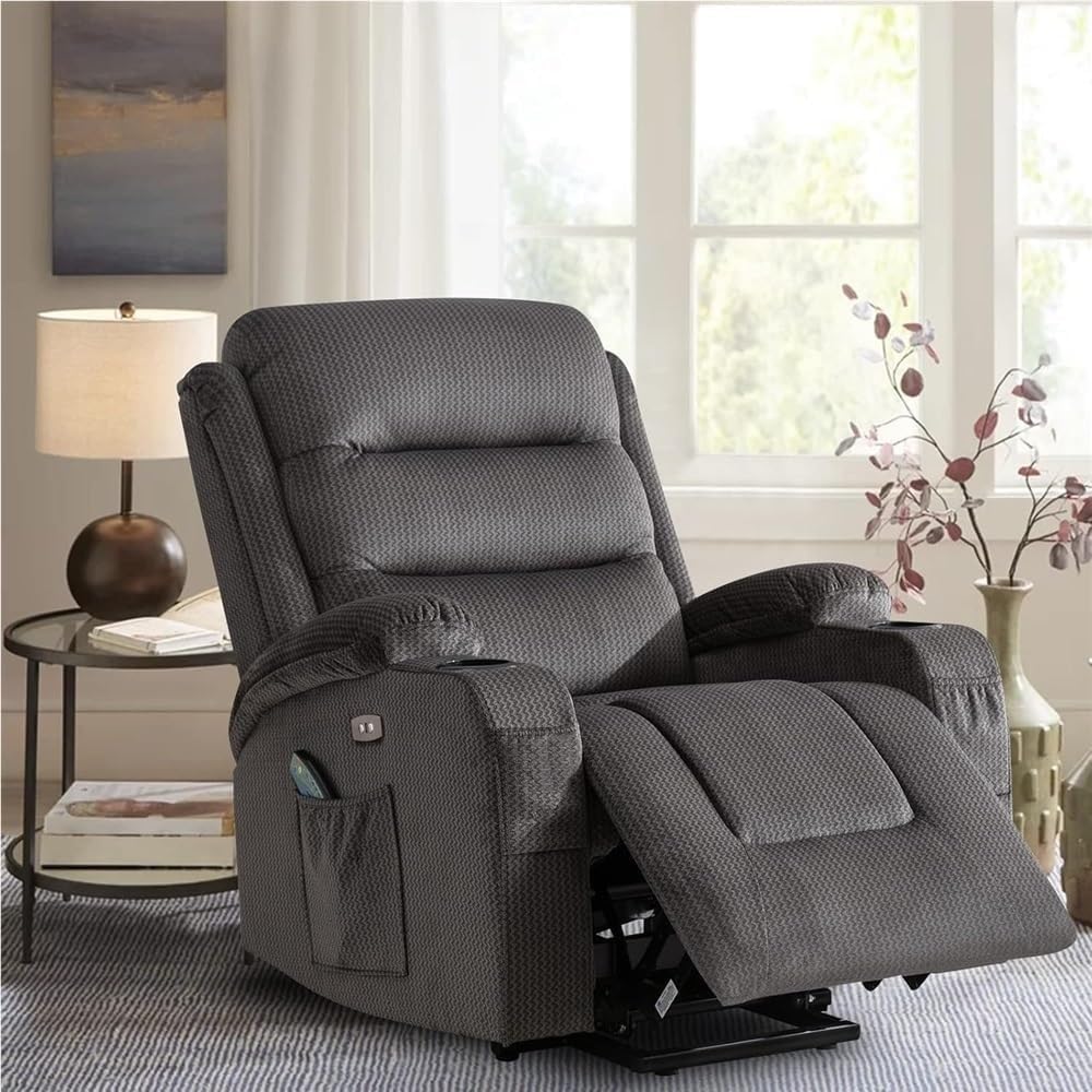 Fabric Electric Lift Recliner Chair with Massage Heat 2 Side Pockets Adjustable Lounge Reclining Sofa for Elderly Home Theater Seating
