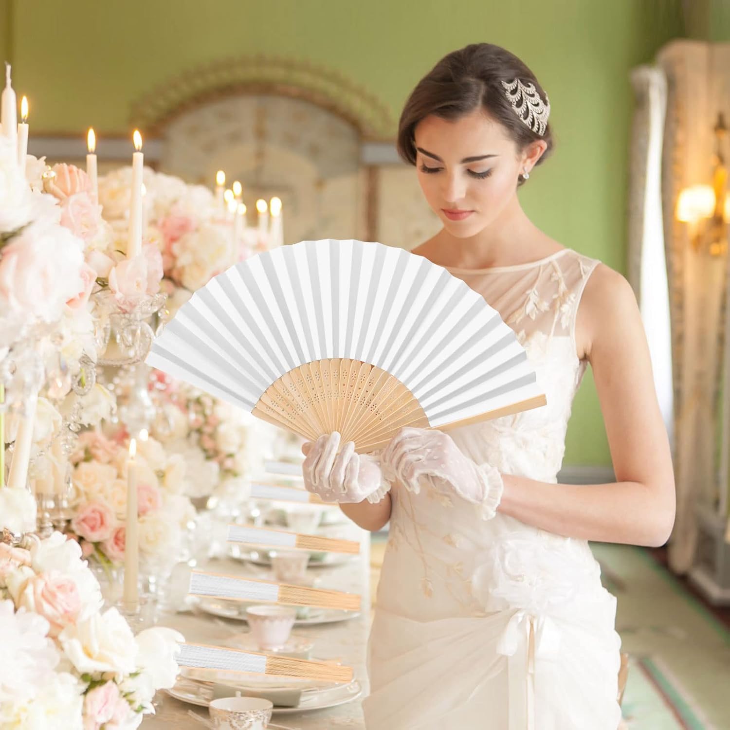 Lot 60 Eventail Mariage Personalisable Blanc Pliante de Papier Cadeau pour Invités Mariage Fête Décoration Déco DIY