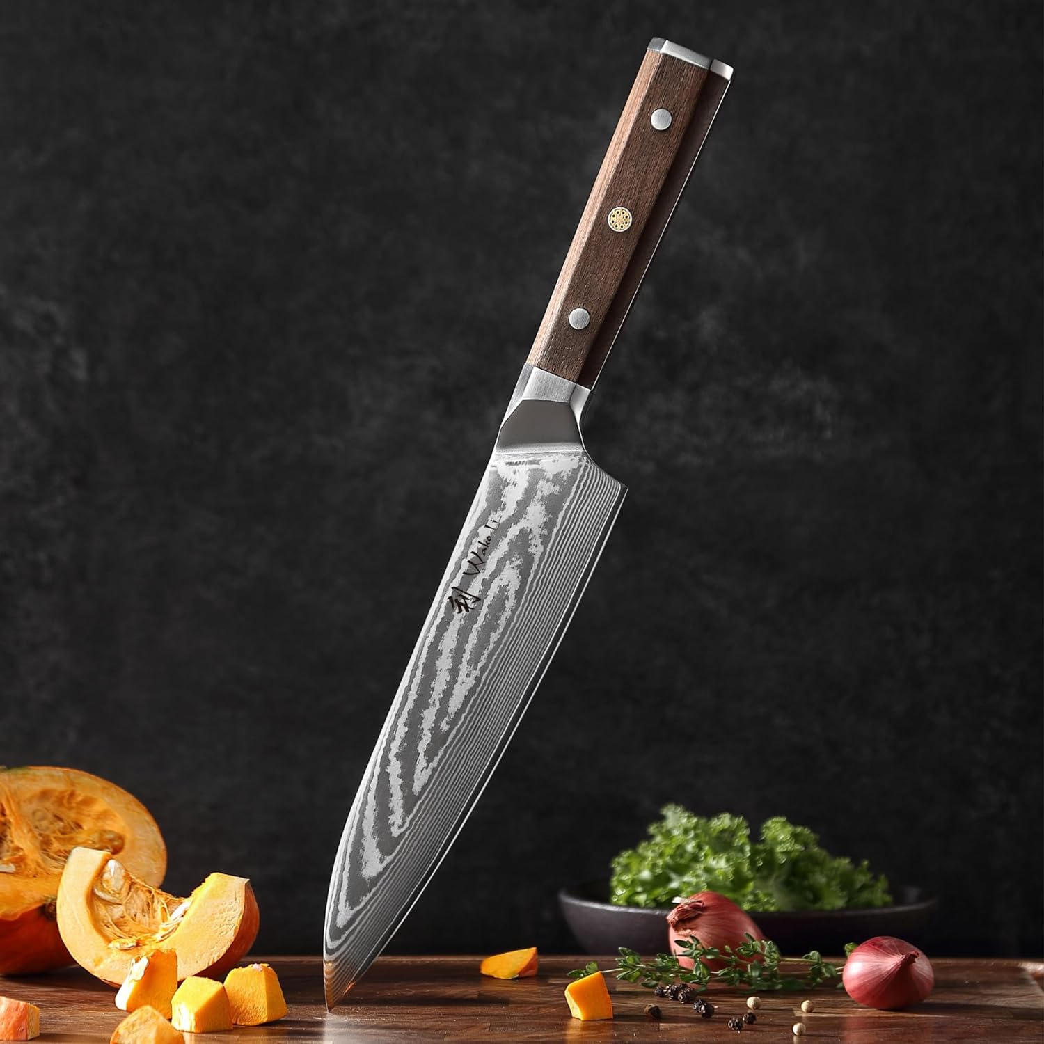 Wakoli HIK Damascus Chef Knife – Full Tang Kitchen Knife | 8-Inch Blade Made of 67-Layer Damascus Steel with VG10 Core | Walnut Wood Handle | Sharp, Durable, Gift Box Included