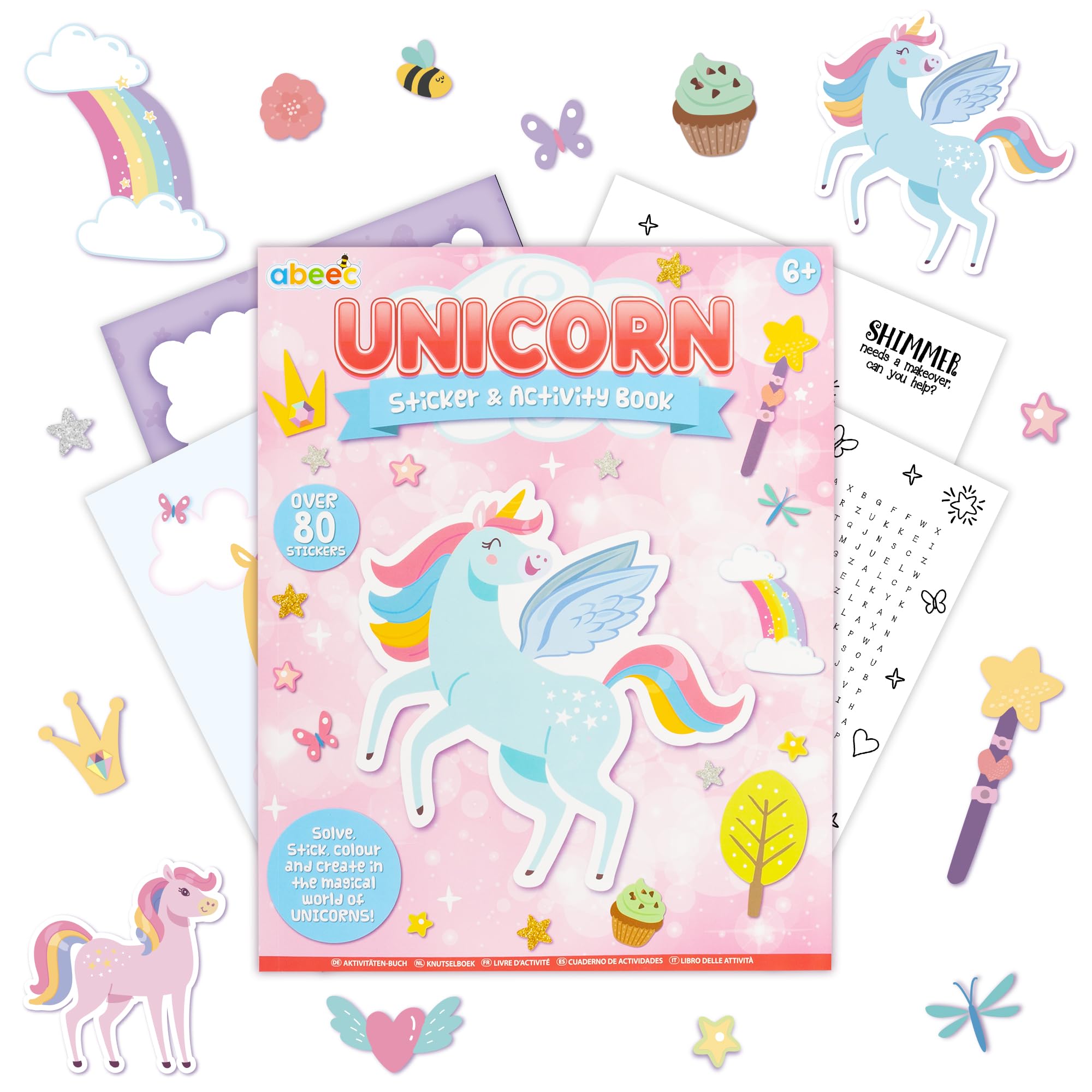 abeec Unicorn Sticker & Activity Book, Colouring Pages, Unicorn Activity, Unicorn Gift for Girls Over 80 Stickers, Mazes