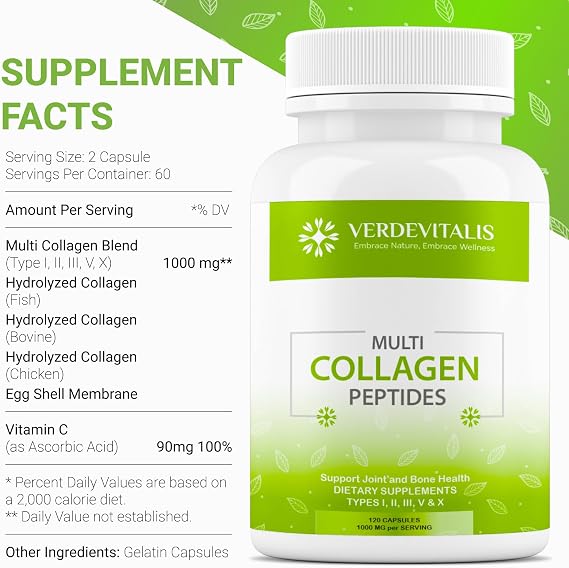 Multi Collagen Peptides Capsules -Non-GMO&Gluten Free Type I, II, III, V, X Hydrolyzed Collagen Supplements with Vitamin C - Supports Healthy Hair, Skin, Nails, Joints - 120 CPS