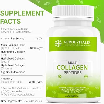 Multi Collagen Peptides Capsules -Non-GMO&Gluten Free Type I, II, III, V, X Hydrolyzed Collagen Supplements with Vitamin C - Supports Healthy Hair, Skin, Nails, Joints - 120 CPS