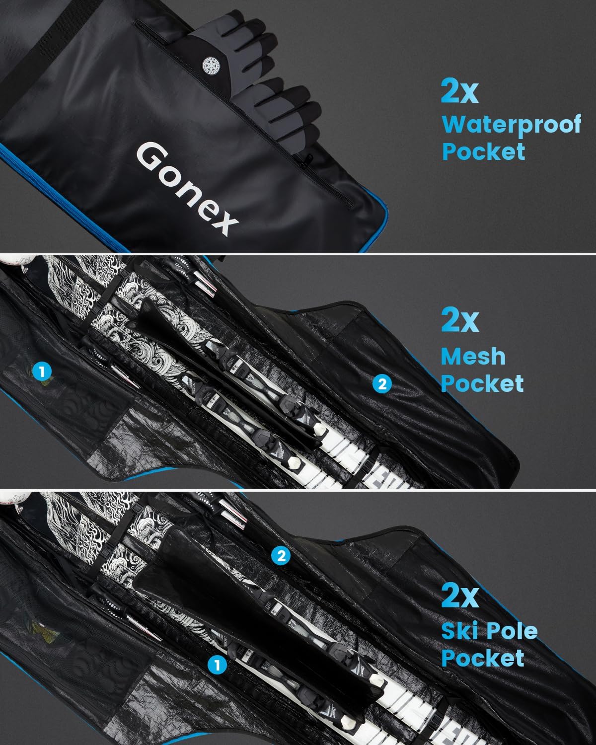 Gonex Snowboard Bag with Wheels,Adjustable Length Up to 175cm to 190cm, Fully Padded Ski Bag for Air Travel, 1200D Polyester PVC Waterproof Rolling Ski Bag with Skis Strapes