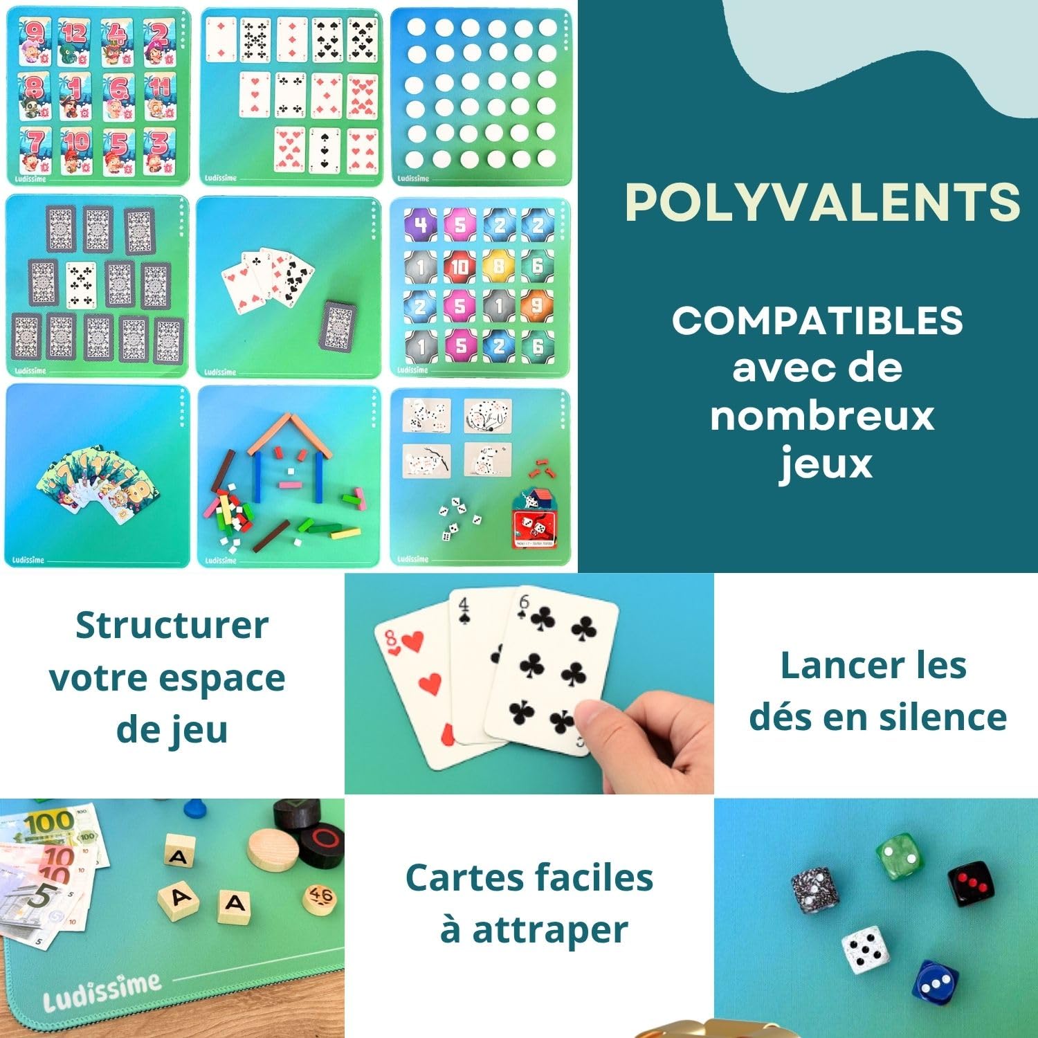 Lot 4 Mini Tapis de Jeux de société 33x33 cm pour Cartes | 4 tapis individuels : 1 par joueur, néoprène antidérapant, format compact pour cartes, famille et voyage