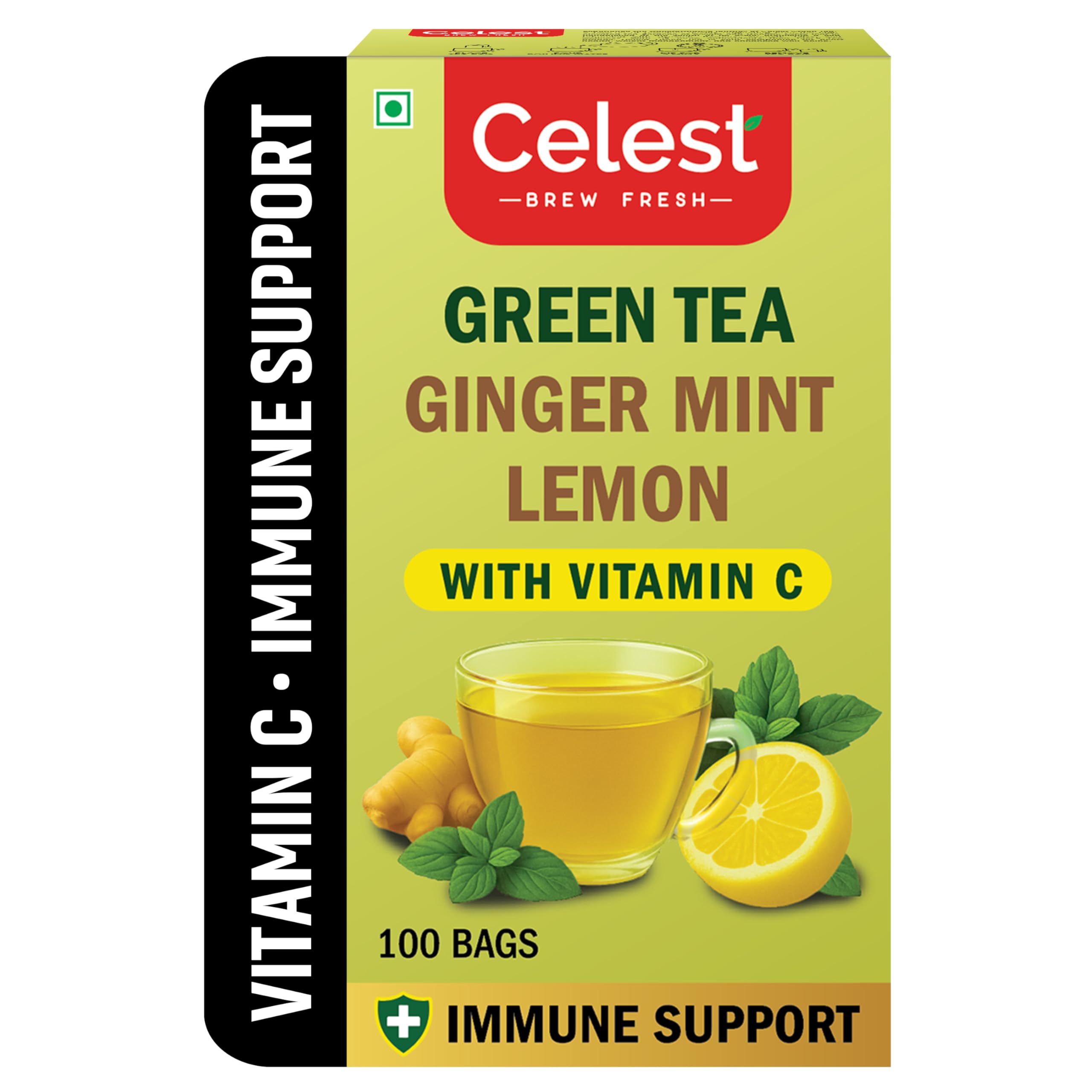 Celest Green Tea Ginger, Mint & Lemon, with added Vitamin C, 100 Tea Bags | Green Tea-image-33
