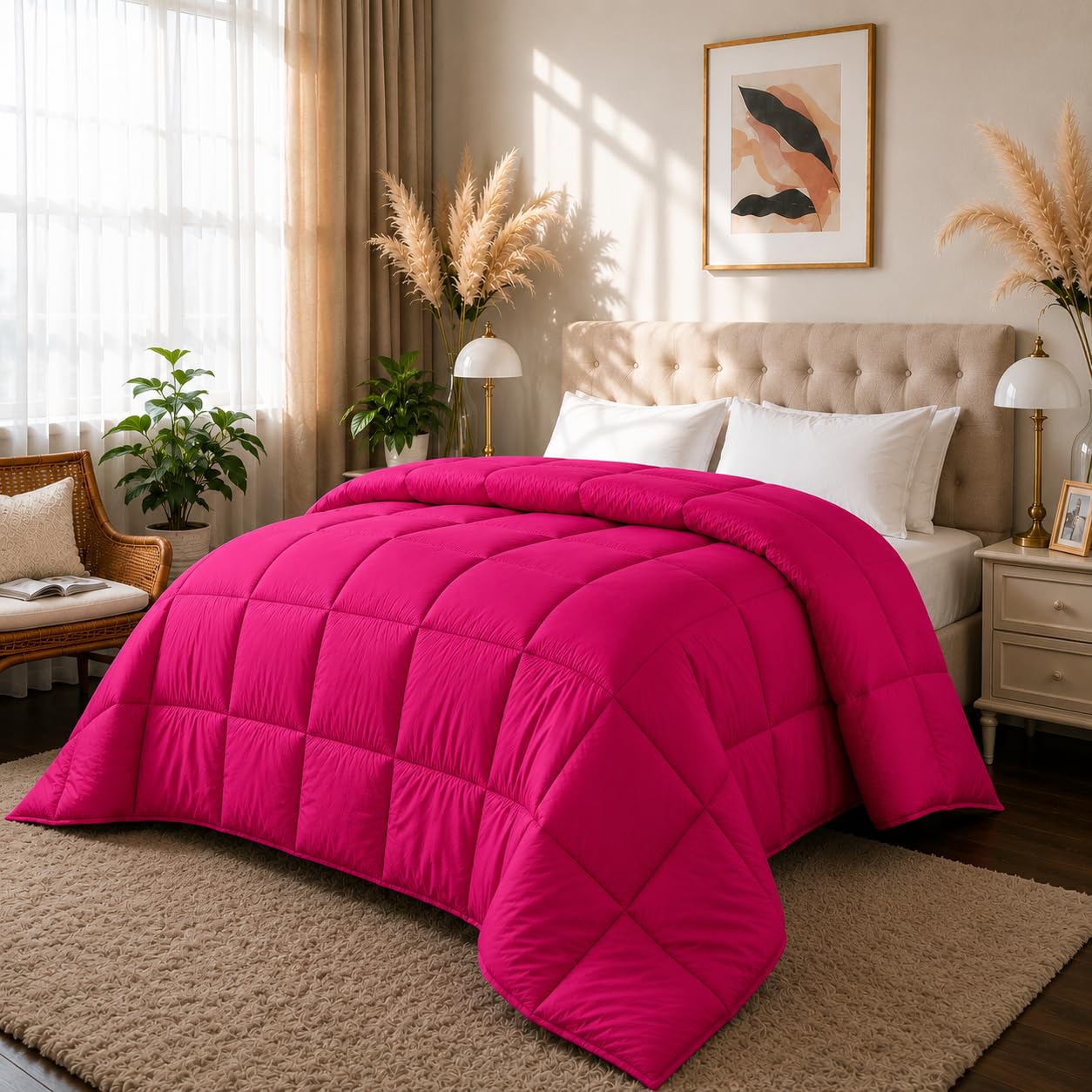 Luxury Hotel Collection Cotton Comforter | All-Season Lightweight Quilt for Hot Sleepers | Plush, Breathable & Box-Stitched (Queen) HOT Pink-image-49