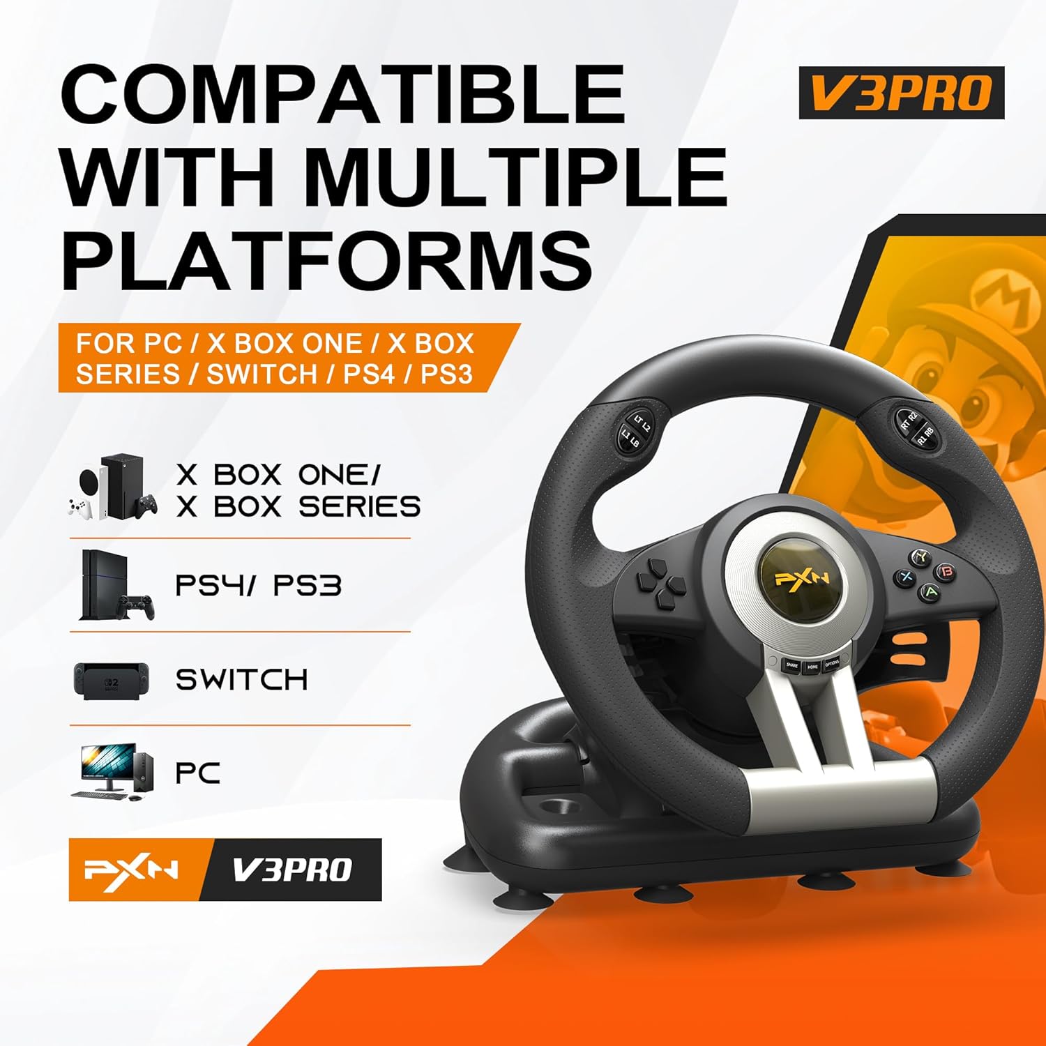 pxn pc racing wheel, v3 pro 180 degree universal usb car sim race steering wheel with pedals for pc, ps3, ps4, xbox one, xbox series x/s, switch (black)