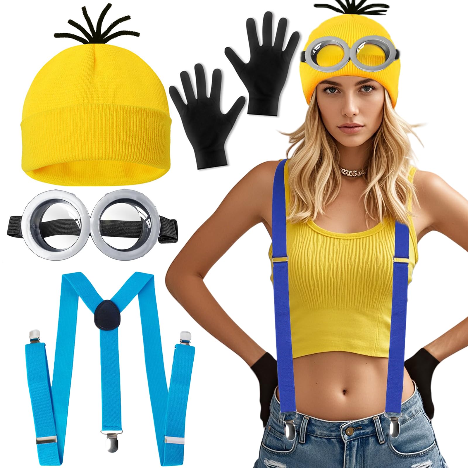 BFSYRR 4 Pcs Yellow Costume Halloween Costumes,Steampunk Goggles,Yellow Beanie,Black Gloves and Suspenders,Cute and Funny Costumes are Essential Accessories for World Book Day