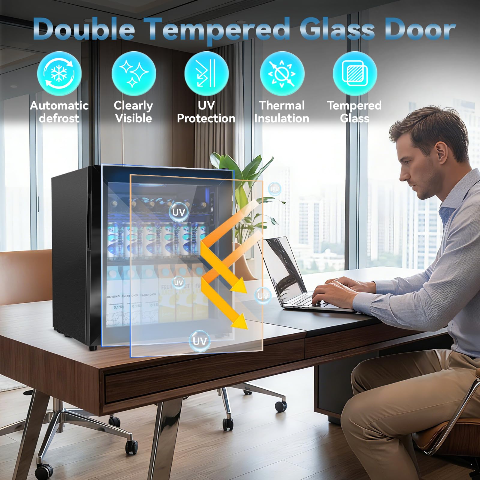Velivi Mini Fridge With Glass Door-Small Fridge Desk Beverage Cooler With Lock For Beer Drinks 1.4 Cu.Ft Countertop Beverage Fridge With Adjustable Shelves, LED Light For Bedroom/Office/Dorm (Black) on Fridge.com - View 5