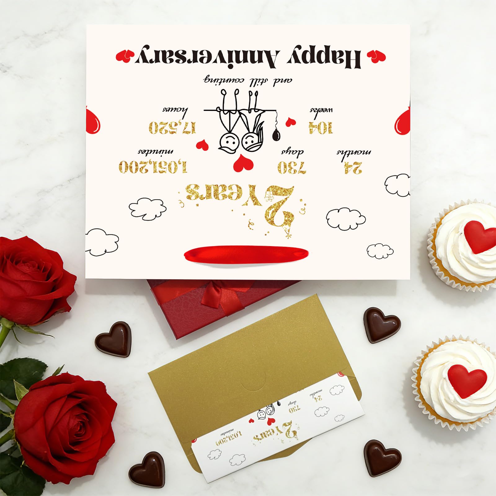 bigniuzi 2nd Anniversary Paper Gift Bag with Tissue Paper and Greeting Card 2 Year Anniversary Paper Gift Bag for Him Her Husband Wife Boyfriend Girlfriend
