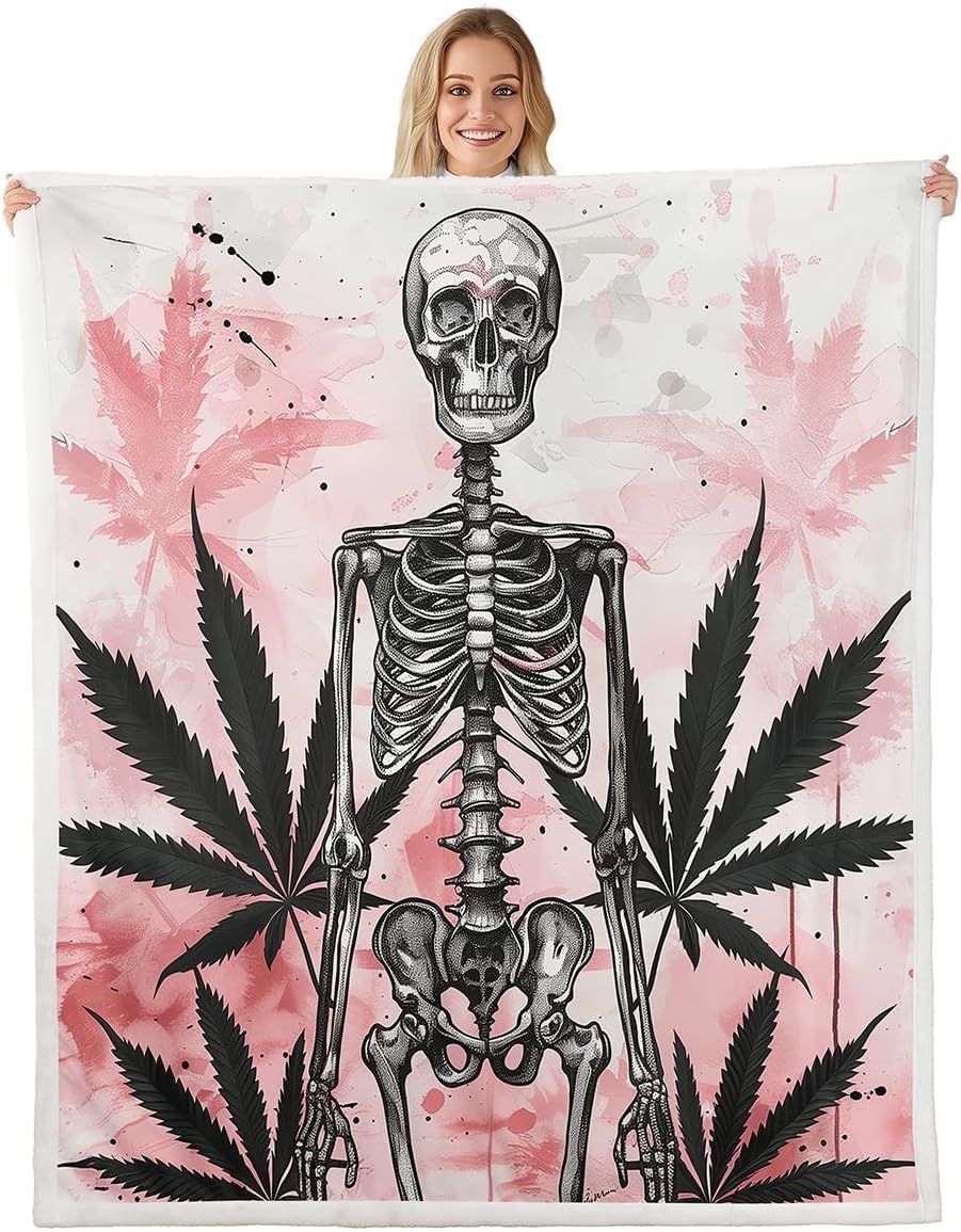 Gothic Skull Throw Blanket for Couch Hippie Butterfly Fleece Blanket for Girls, Trippy Mushroom Sherpa Blanket 40x50 Size Black White Pink Blanket, Horror Death Skeleton Bed Blanket Breathable